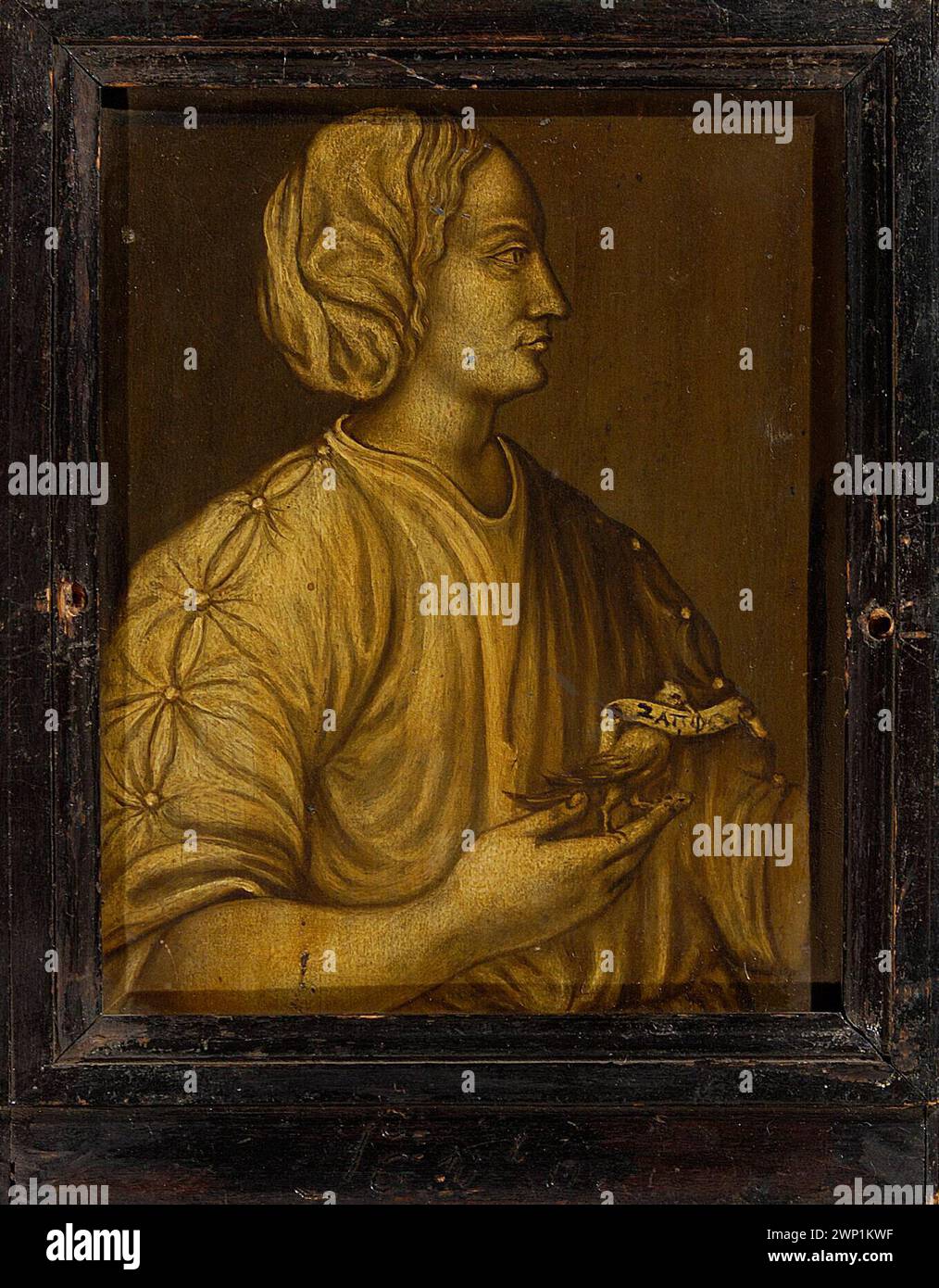 Un ritratto in grisaille del XVIII secolo raffigura l'antico poeta greco Saffo (ca. 610-580 a.C.) in profilo. L'opera, conservata nelle collezioni statali polacche, rappresenta le tradizioni di ritrattistica femminile nell'arte di ispirazione classica. Foto Stock