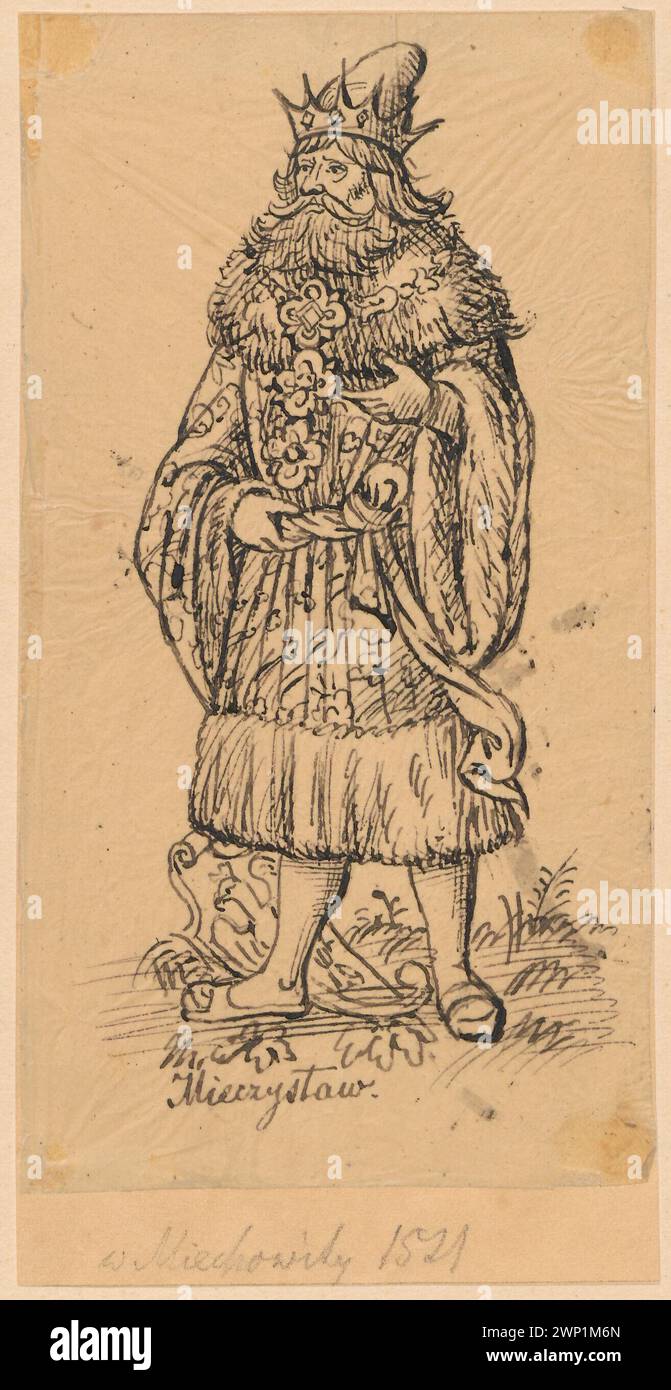 Ritratto di Mieczys ', secondo la xilografia di: ' Cronaca polacca '(Chronica Polonorum), Maciej Miechowita, Kraków 1521, pag. XXI; minore, Aleksander (1814-1884), 1830-1884 (1830-00-00-1884-00-00);Lesser, Aleksander (1814-1884), Lesser, Aleksander (1814-1884) - collezioni, Lesser, Wiktor Stanisław Zygmunt (Barone - 1853-1935), Lesser, Wiktor Stanisław Zygmunt (Barone - 1853-1935) - collezione, Miechowita, Maciej (1457-1523). Cronaca di Polonia, Mieszko i (Principe polacco - CA 935-992), Mieszko i (Principe polacco - CA 935-992) - iconografia, dono (provenienza), copie, copie da incisioni, p Foto Stock