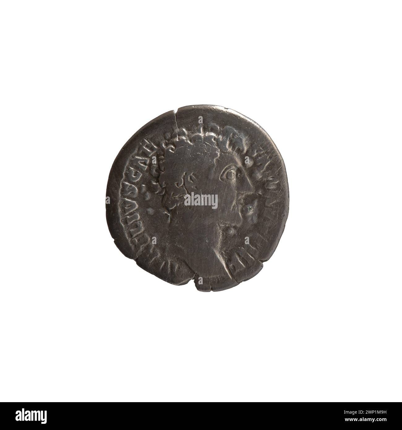 Denario coniato sotto gli imperatori romani Antonino Pio e Marco Aurelio tra il 148 e il 149, realizzato in argento, con ritratti e iscrizioni imperiali, usato come moneta nell'Impero Romano. Foto Stock