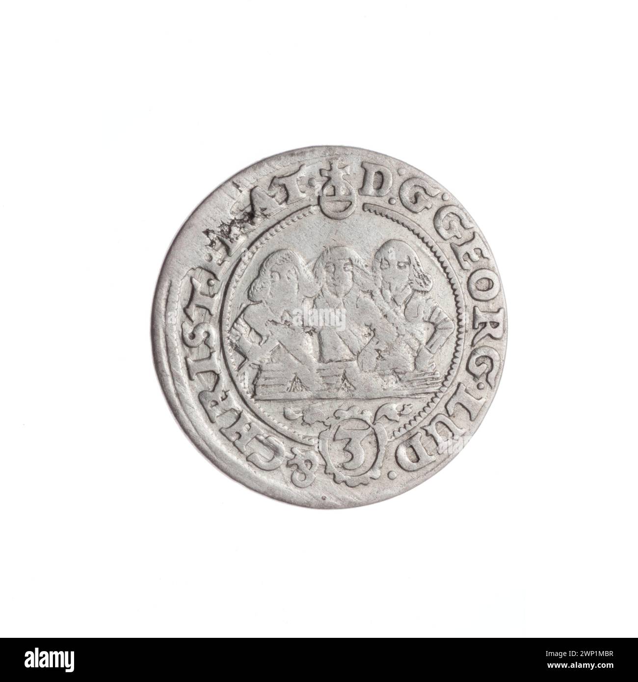 Moneta coniata nel 1657 che mostra i principi Jerzy III, Ludwik IV e Cristiano con aquila slesiana, iscrizioni, ritratti semi-profilo e simboli della famiglia Piast. Foto Stock