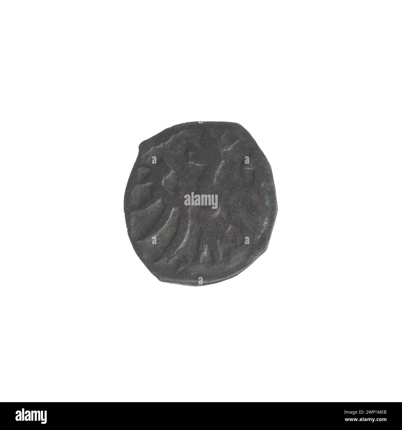 Denario emesso sotto il re Władysław III Warneńczyk di Polonia tra il 1434 e il 1444, mostrando caratteristiche tipiche delle monete polacche del XV secolo. Foto Stock