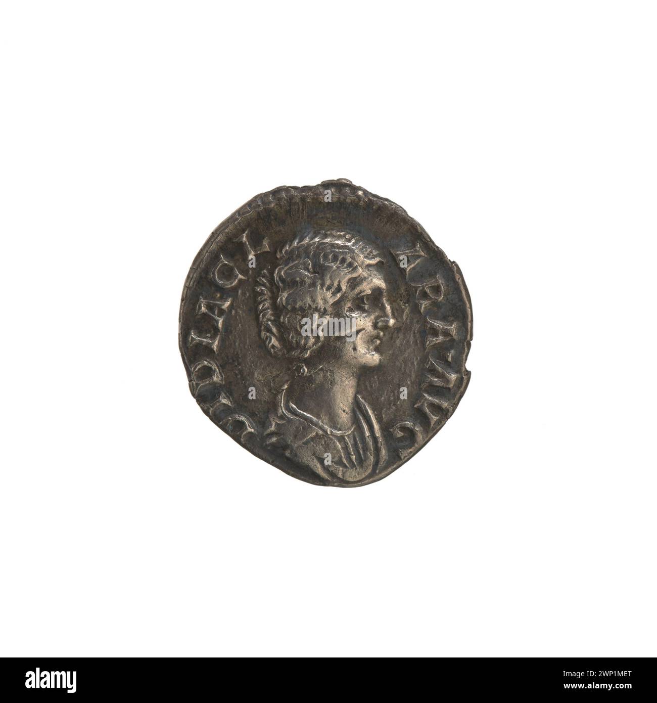 Denario contraffatto di Carl Wilhelm Becker creato nel 193, imitando la moneta romana dell'imperatrice Didia Clara con ritratto imperiale e simboli. Foto Stock