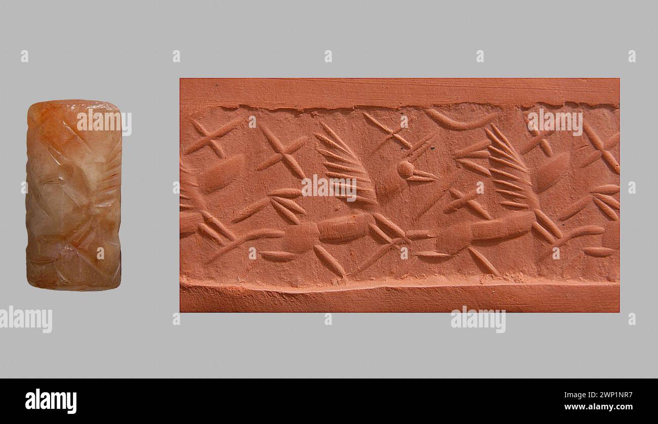 Sigillo cilindrico del periodo neo-babilonese (vi secolo a.C.) raffigurante griffini, stelle e dischi lunari a mezzaluna. Raccolto da Maria Ludwika Czartoryska e Izabela Działyńska da Babilonia, Mesopotamia. Foto Stock