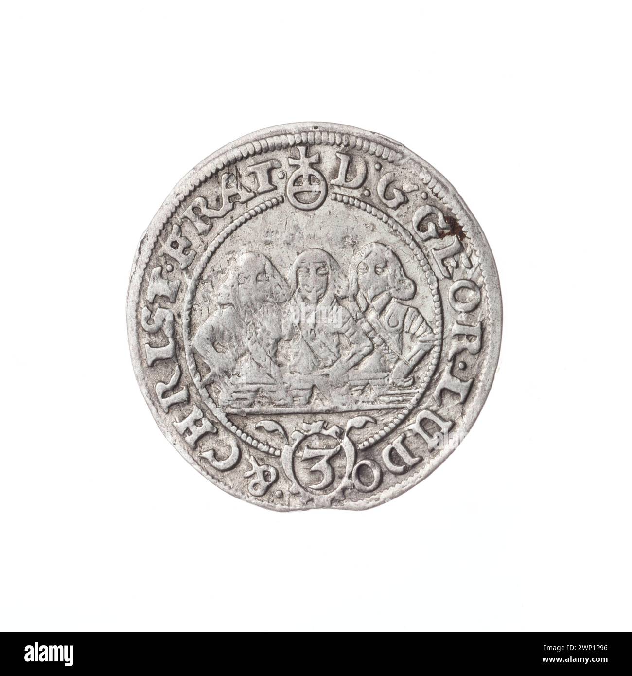 Moneta del 1656 che mostra Jerzy III, Ludwik IV e Cristiano della dinastia Piast, con ritratti semi-frontali, aquila slesiana e iconografia di tre fratelli. Foto Stock