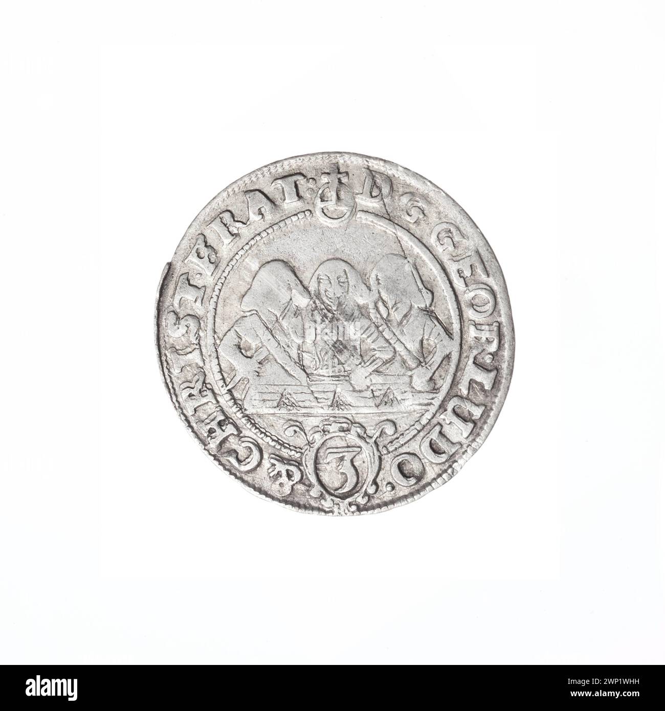 Moneta del 1656 raffigurante i tre principi Piast, Jerzy III, Ludwik IV e Christian, con ritratti semi-giovanili, aquila slesiana e simboli araldici di famiglia. Foto Stock