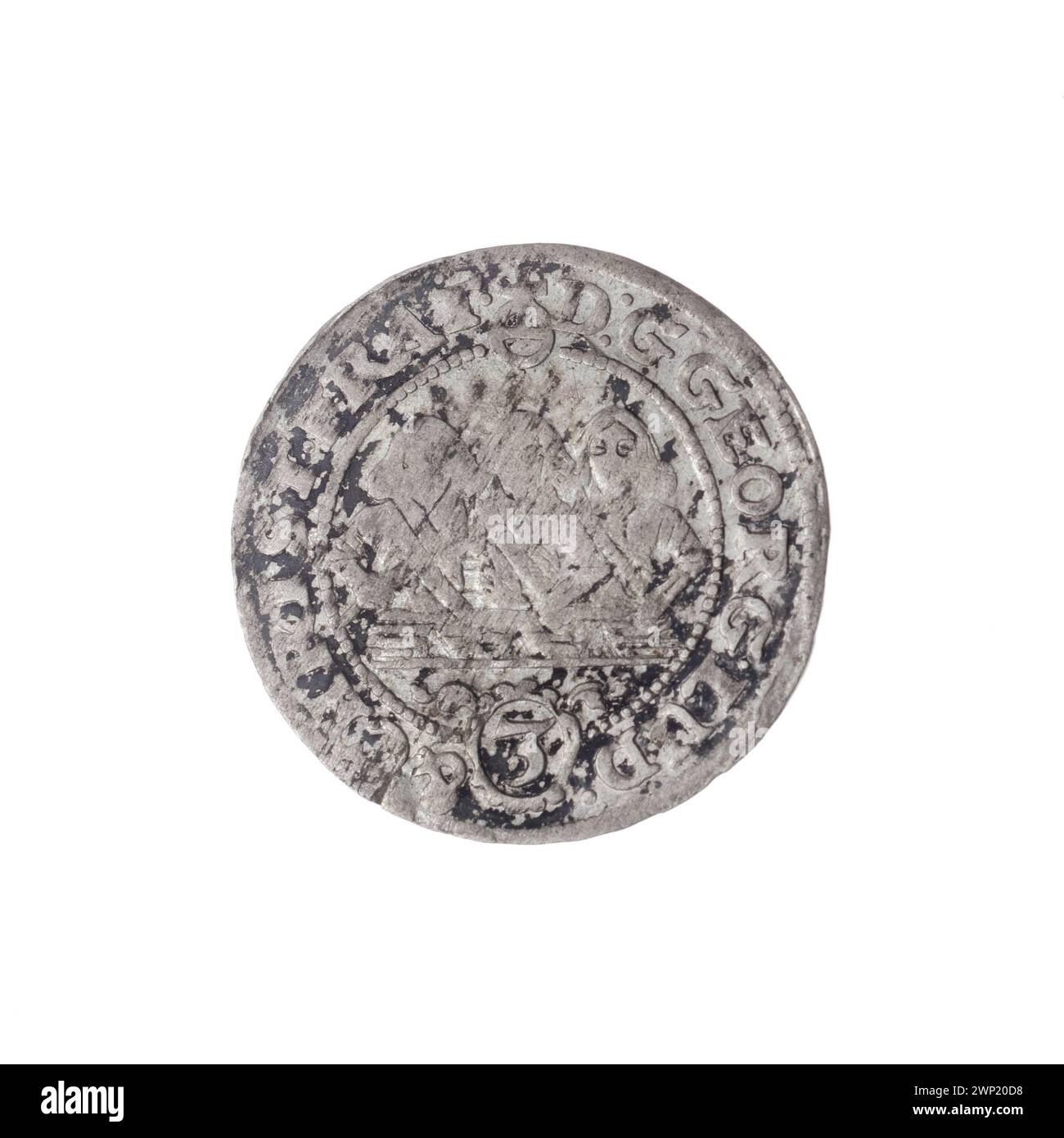 Moneta del 1657 raffigurante Jerzy III, Ludwik IV e Christian, raffigurante ritratti semi-frontali, aquila slesiana, lettere e-W e iconografia della famiglia Piast. Foto Stock