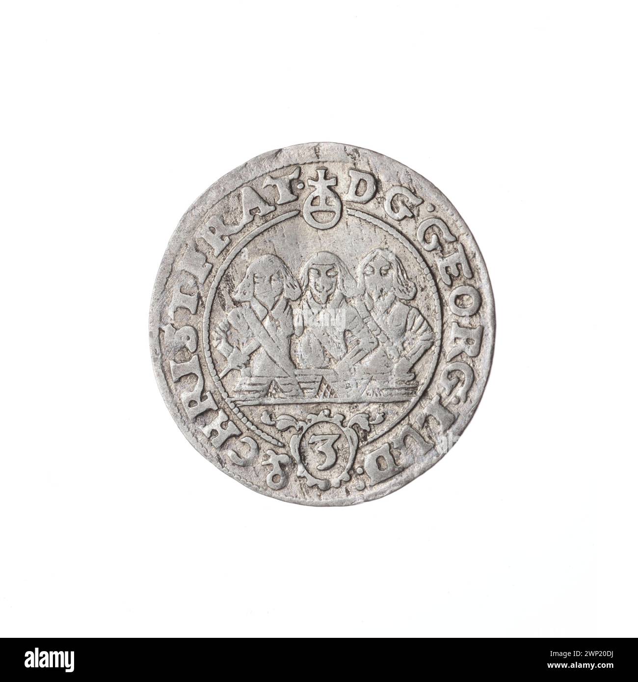 Moneta del 1657 che mostra tre principi Piast - Jerzy III, Ludwik IV e Christian - con aquila slesiana, ritratti semi-frontali e lettere da e a W. Foto Stock