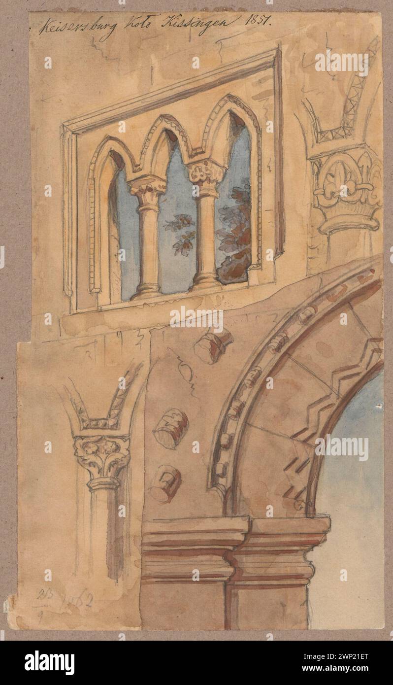 Keiserburg [] Ko o Kissingen (Baviera). Frammento del muro dalle porte, con dettagli architettonici e il triforio gotico - schizzi; Lesser, Aleksander (1814-1884); 1851-1862 (1851-00-00-1862-00-00-00); Baviera (Germania), Lesser, Aleksander (1814-1884), Lesser, Aleksander (1814-1884) - collezioni, Lesser, Emiljan Stanisław (Barone - 1847-1912), Lesser, Emiljan Stanisław (Barone - 1847-1912) - collezione , Lesser, Wiktor Stanisław Zygmunt (Barone - 1853-1935), Lesser, Wiktor Stanisław Zygmunt (Barone - 1853-1935) - collezione, architettura tedesca, architettura straniera, regalo (prov Foto Stock