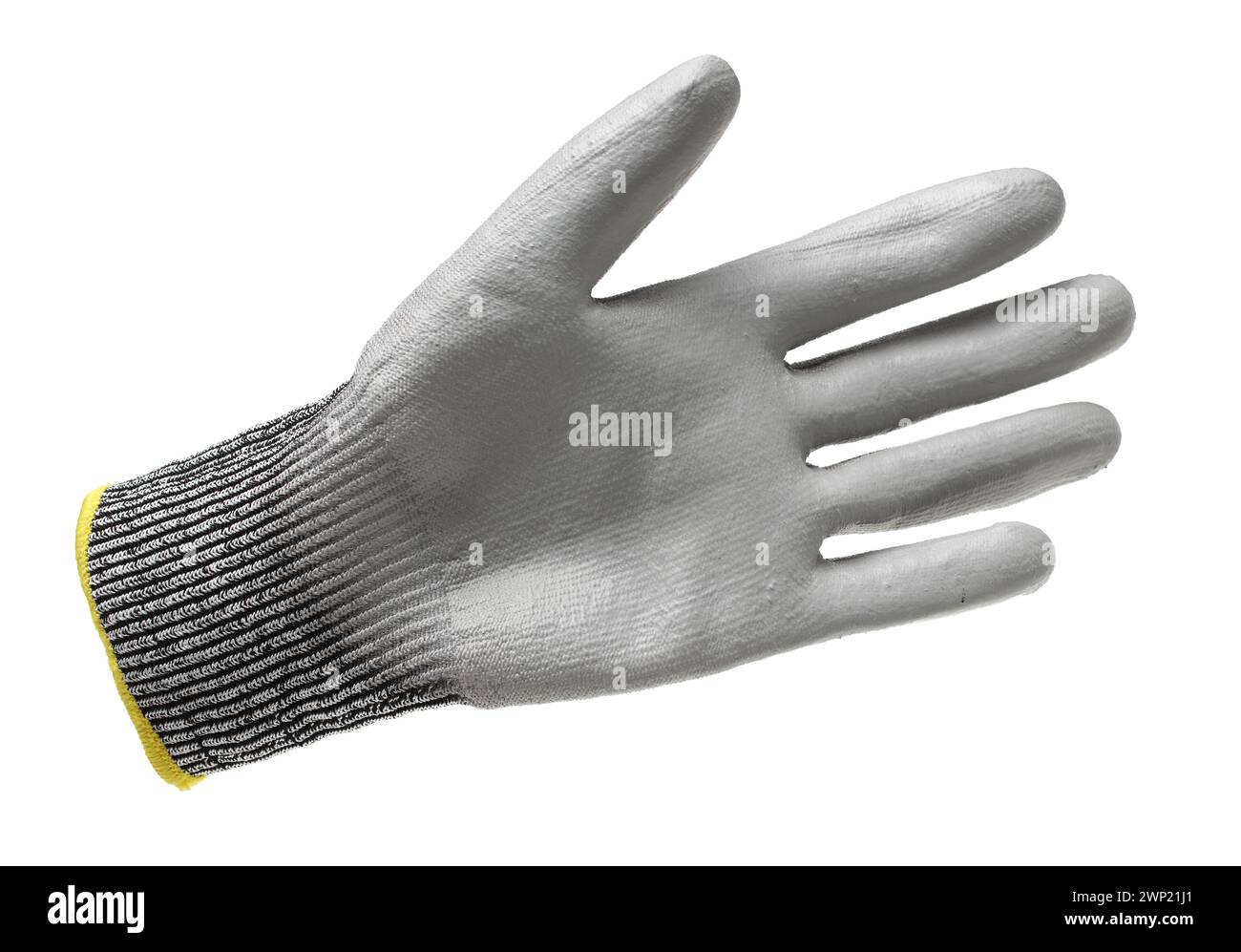 Coppia di guanti da lavoro in tessuto grigio con strato protettivo in gomma isolato su sfondo bianco con ombra morbida Foto Stock