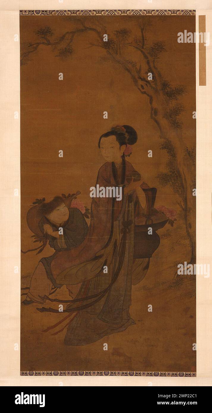 Pittura cinese a pergamena del XIX secolo raffigurante una dea dei fiori. L'opera fa parte delle tradizioni artistiche culturali cinesi ed è stata acquistata per acquisto. Foto Stock