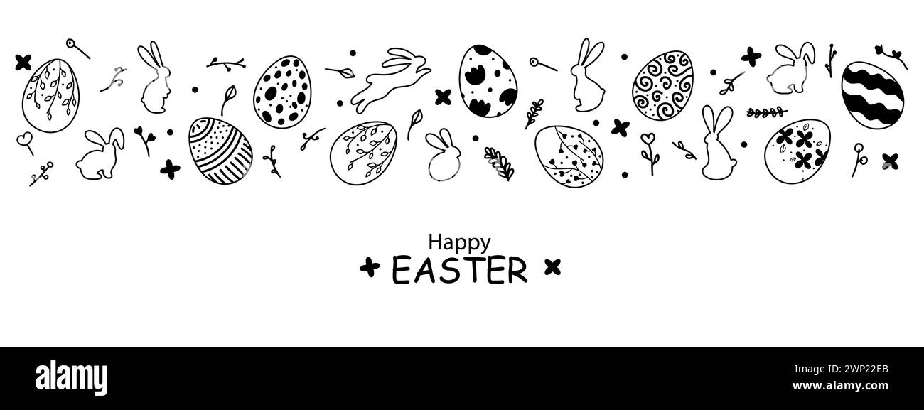 Banner pasquale in stile doodle. Banner bianco e nero per il web design con uova di Pasqua dipinte a mano Illustrazione Vettoriale