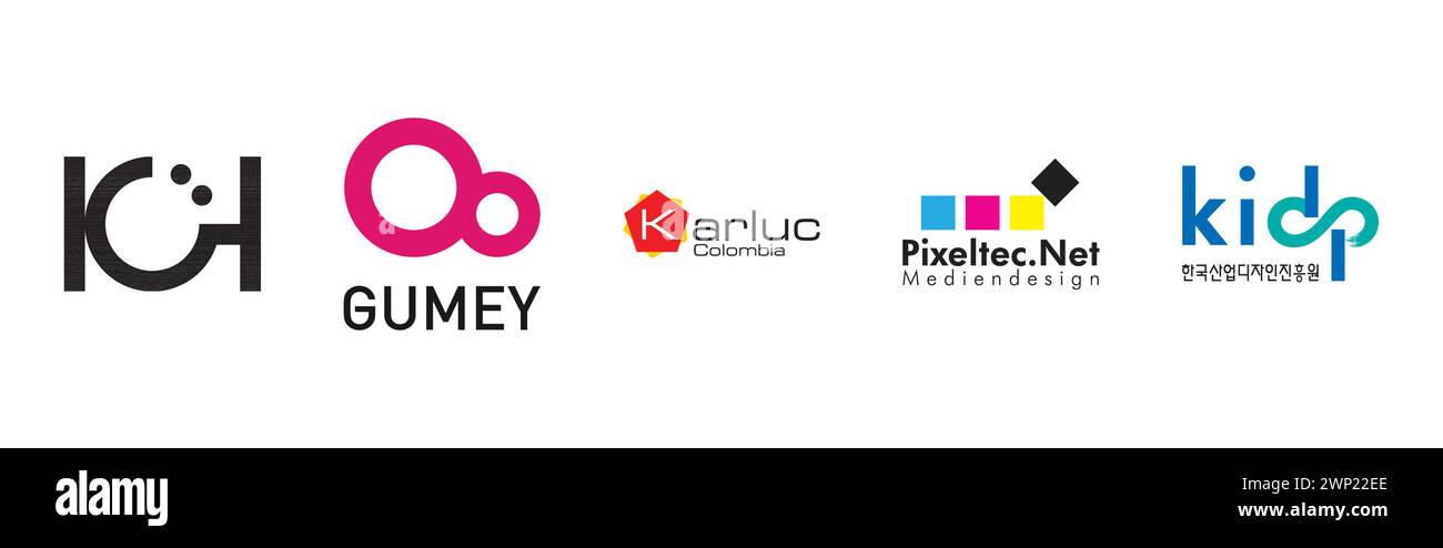 Gumey, KIDP, Karluc Colombia, KUH, Pixeltec.Net. Collezione di logo editoriali e di design. Illustrazione Vettoriale