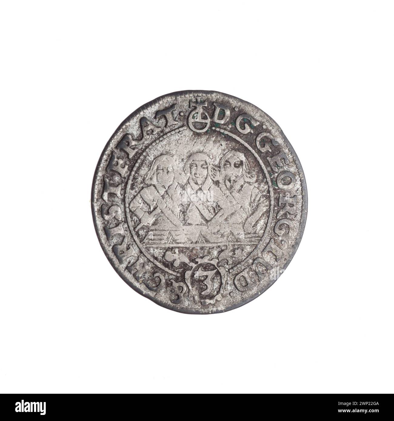 Moneta del 1657 raffigurante i principi Jerzy III, Ludwik IV e Cristiano con iconografia dell'aquila slesiana, iscrizioni e ritratti della famiglia Piast, creati da Christian Pfahler ed Elias Weiss. Foto Stock