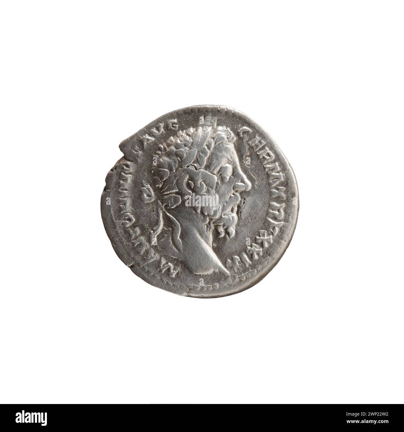 Denario coniò 174–175 sotto Marco Aurelio, mostrando monete d'argento, ritratti imperiali, iscrizioni e standard monetari romani del II secolo. Foto Stock