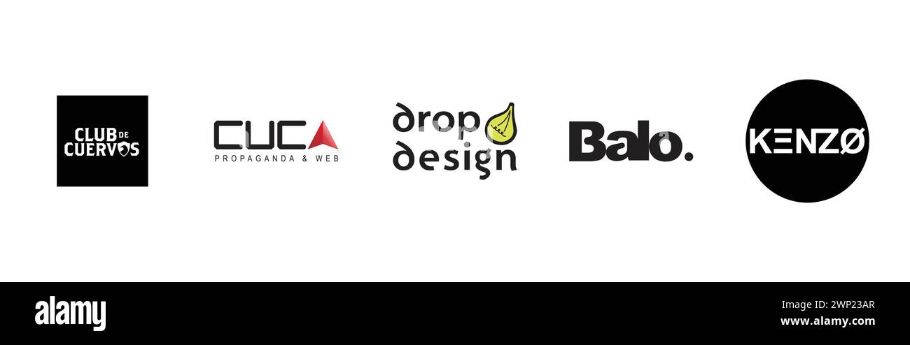 Drop Design, KENZO, club de cuervos, Balo, CUCA Propaganda e Web. Collezione di logo editoriali e di design. Illustrazione Vettoriale