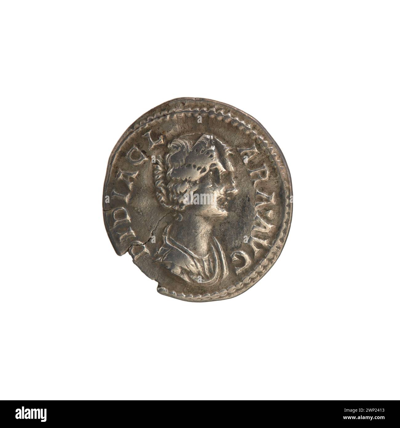 Un denaro contraffatto fatto da Carl Wilhelm Becker imitando una moneta dell'imperatrice romana Didia Clara del 193. Foto Stock