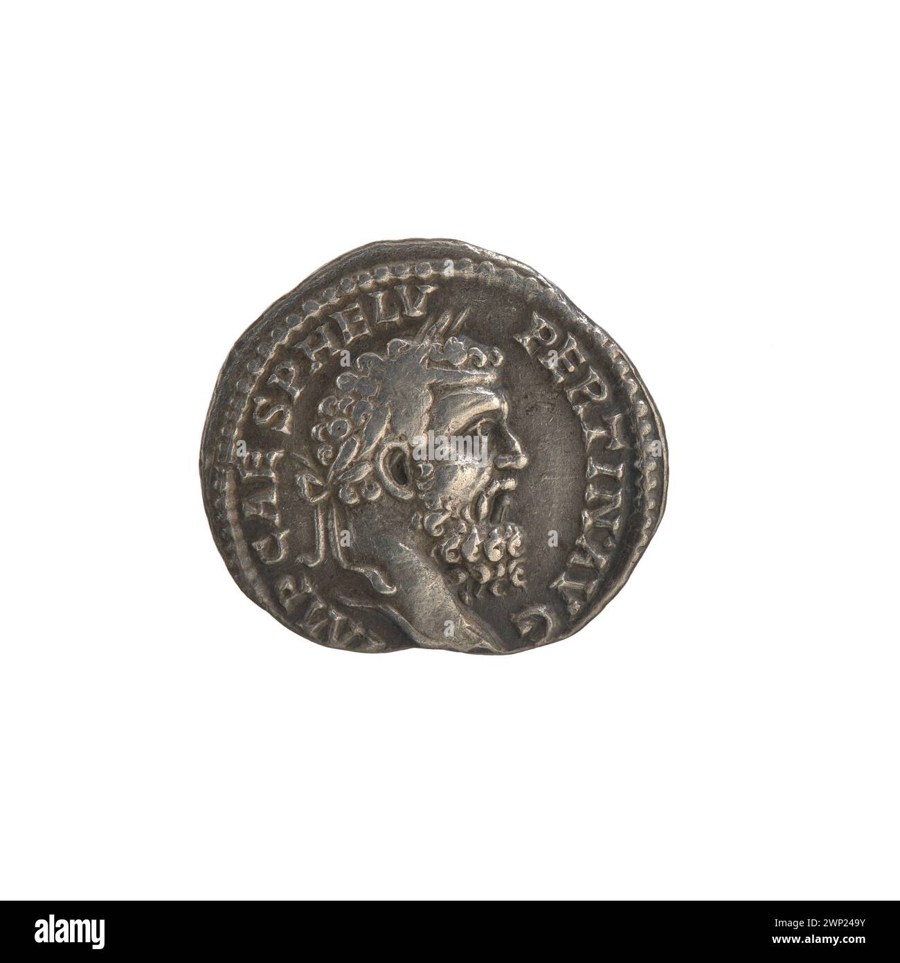 Un denar contraffatto prodotto da Carl Wilhelm Becker (1772-1830), che replica una moneta romana originale del 193 d.C. Foto Stock