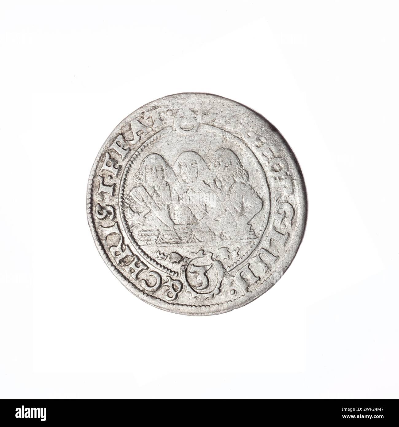 Moneta del 1657 raffigurante Jerzy III, Ludwik IV e Cristiano della famiglia Piast con aquila slesiana, ritratti semi-frontali, lettere e-W e simboli iconografici dei fratelli. Foto Stock