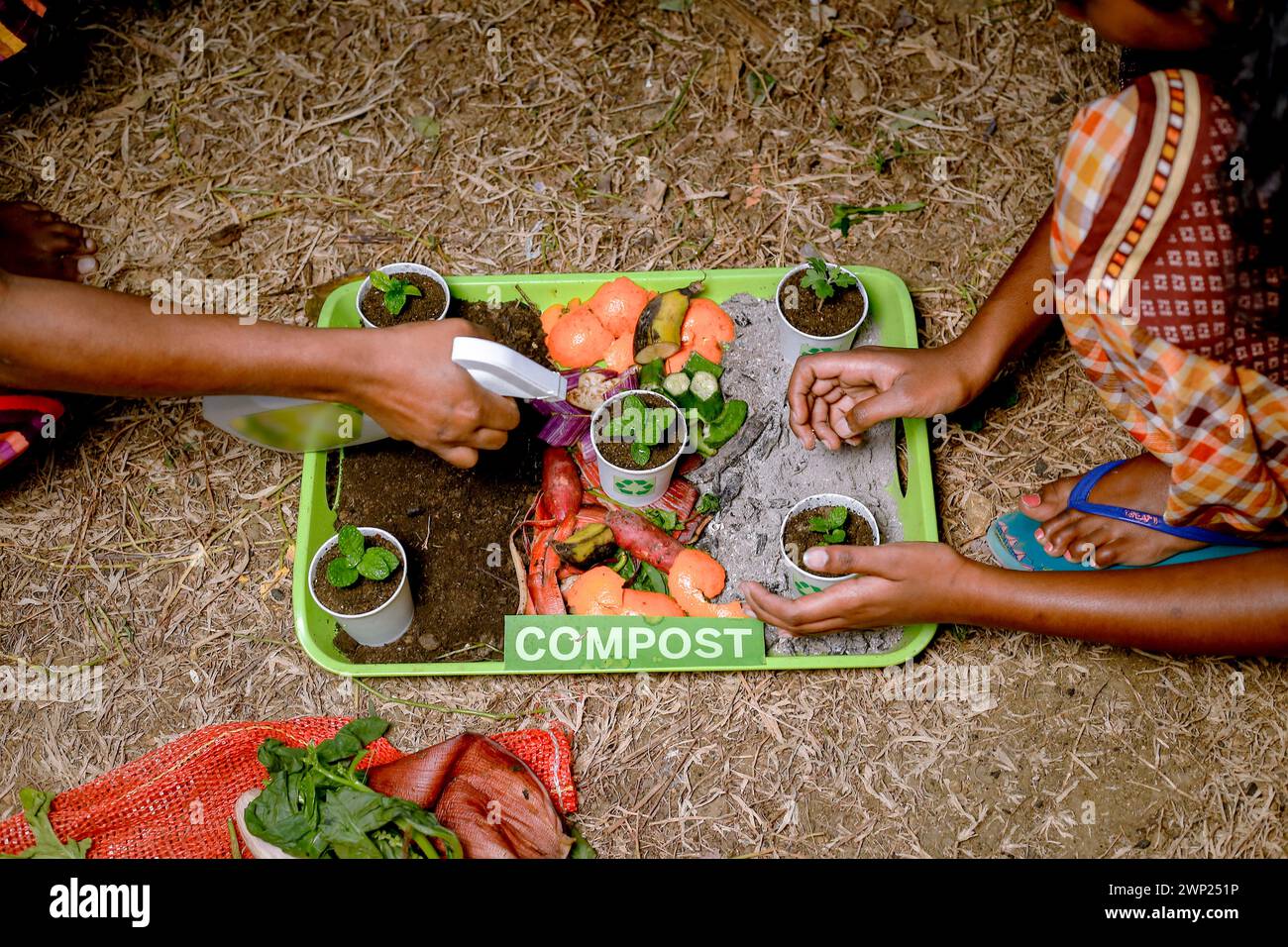 I bambini pronti a compostare e a compostare il ciclo del terreno come una pila di pezzi di cucina in decomposizione con la rotazione dei rifiuti di frutta e verdura Foto Stock