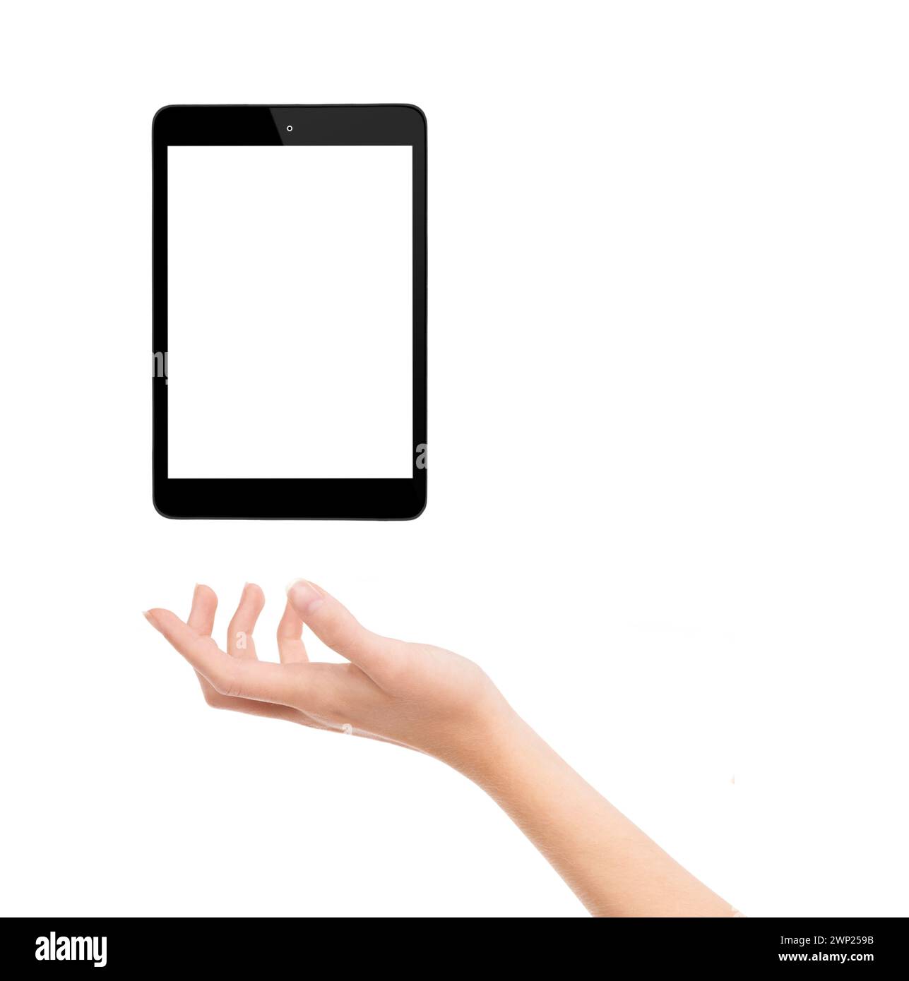 Mano, tablet e schermo vuoto in studio, display e spazio di mockup o social media su sfondo bianco. Persona, tecnologia e sito Web o rete per Foto Stock