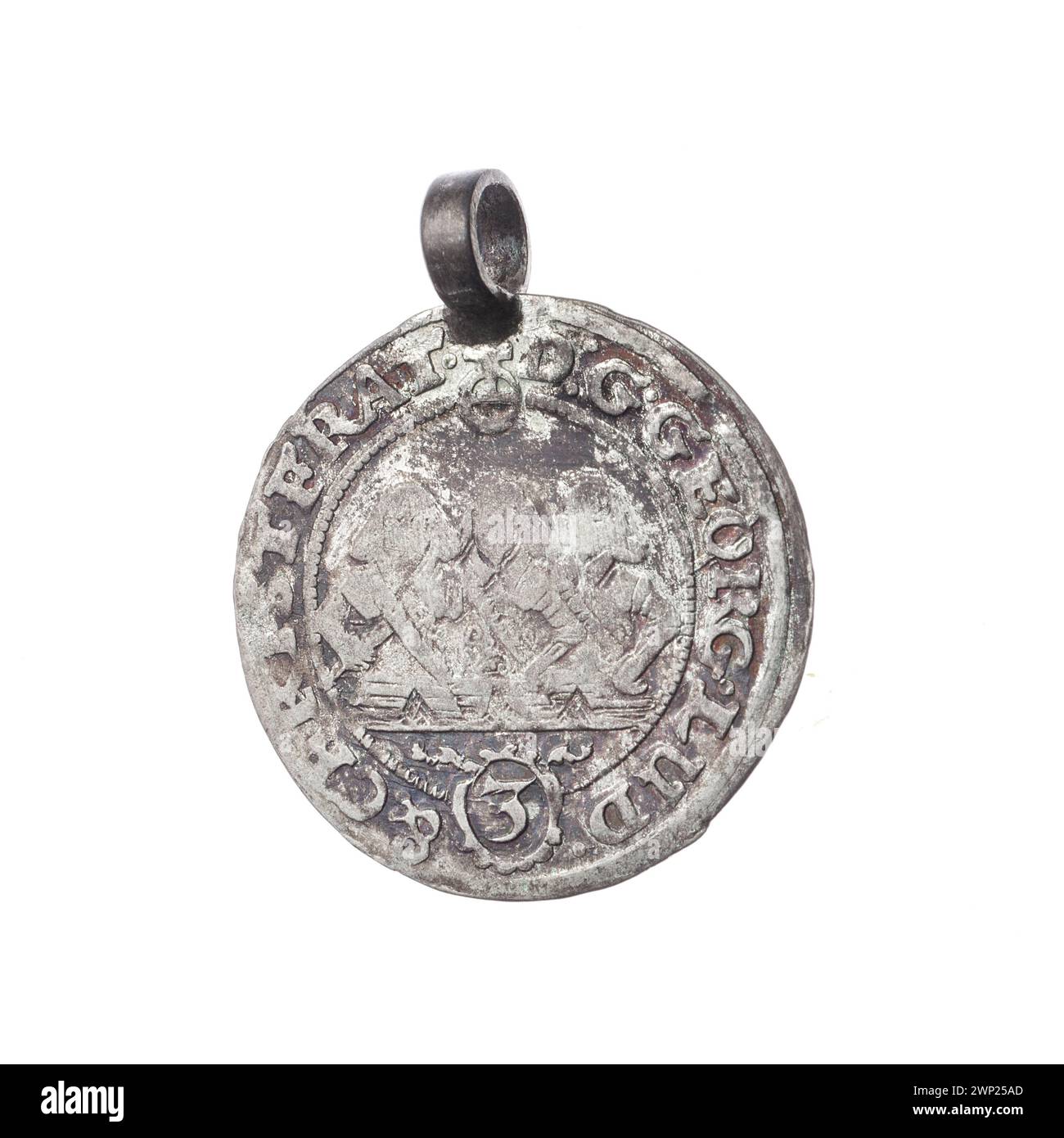 Moneta che mostra i principi Jerzy III, Ludwik IV e Cristiano in vista semi-frontale, evidenziando il lignaggio della famiglia Piast, l'aquila slesiana e i ritratti dei governanti, creati nel 1656. Foto Stock