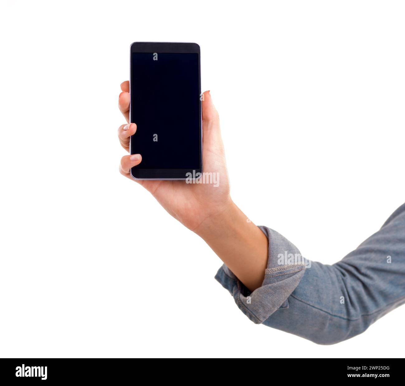 Mano, telefono e schermo per la visualizzazione in studio, testo e spazio mockup o social media su sfondo bianco. Persona, vuoto e Web o rete per Foto Stock