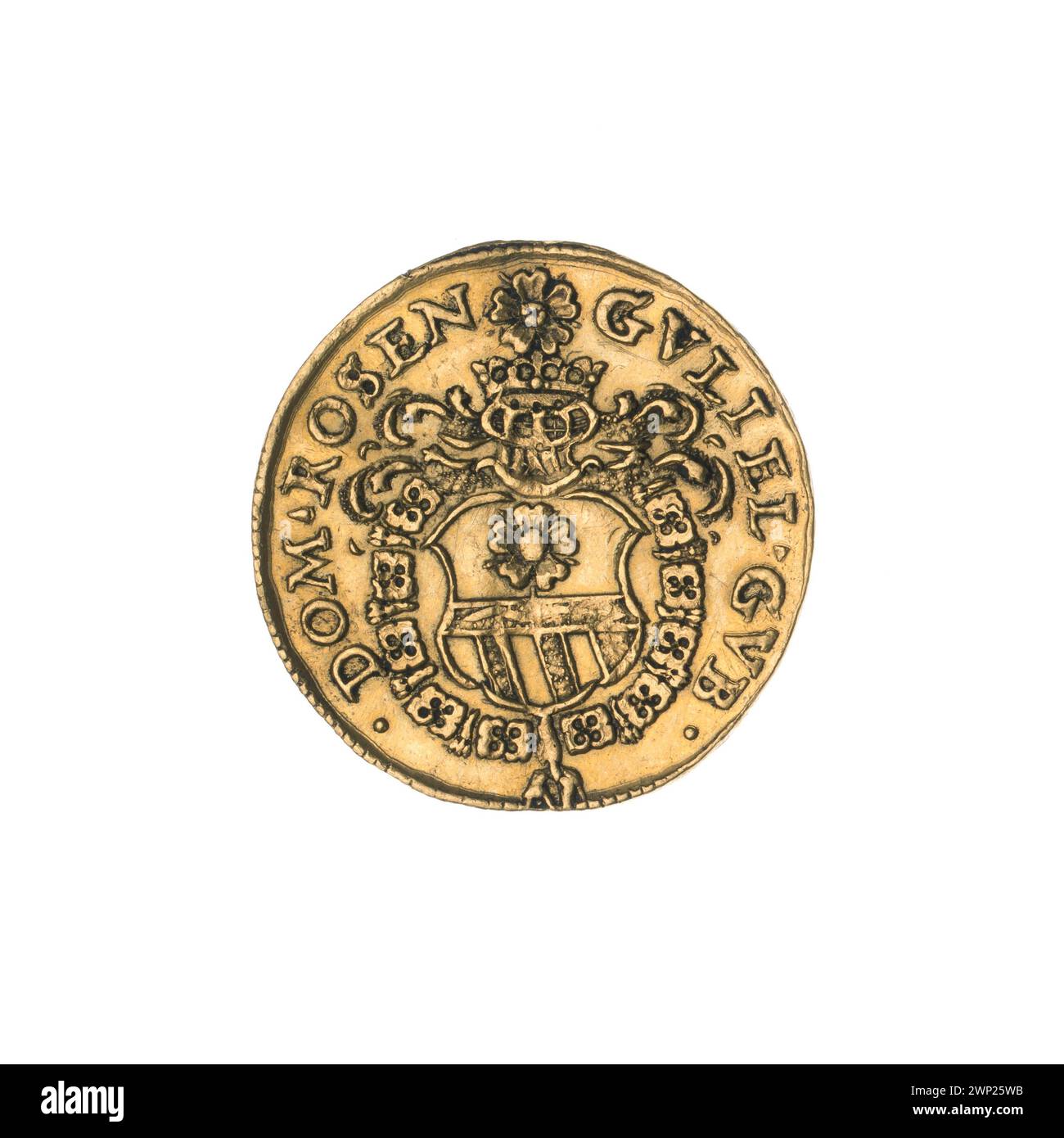 ducat; Wilhelm von Rosenberg (grande ciambellano del regno ceco; 1582-1591), Hanisch, Walenty (fl. 1585-1596); 1587 (1587-00-00-1587-00-00); Krzysztof (santo), Krzysztof (santo) - iconografia, ordine della Runa d'Oro, Rosenberg (stemma), monete cittadine, ordini, stemma, santi Foto Stock