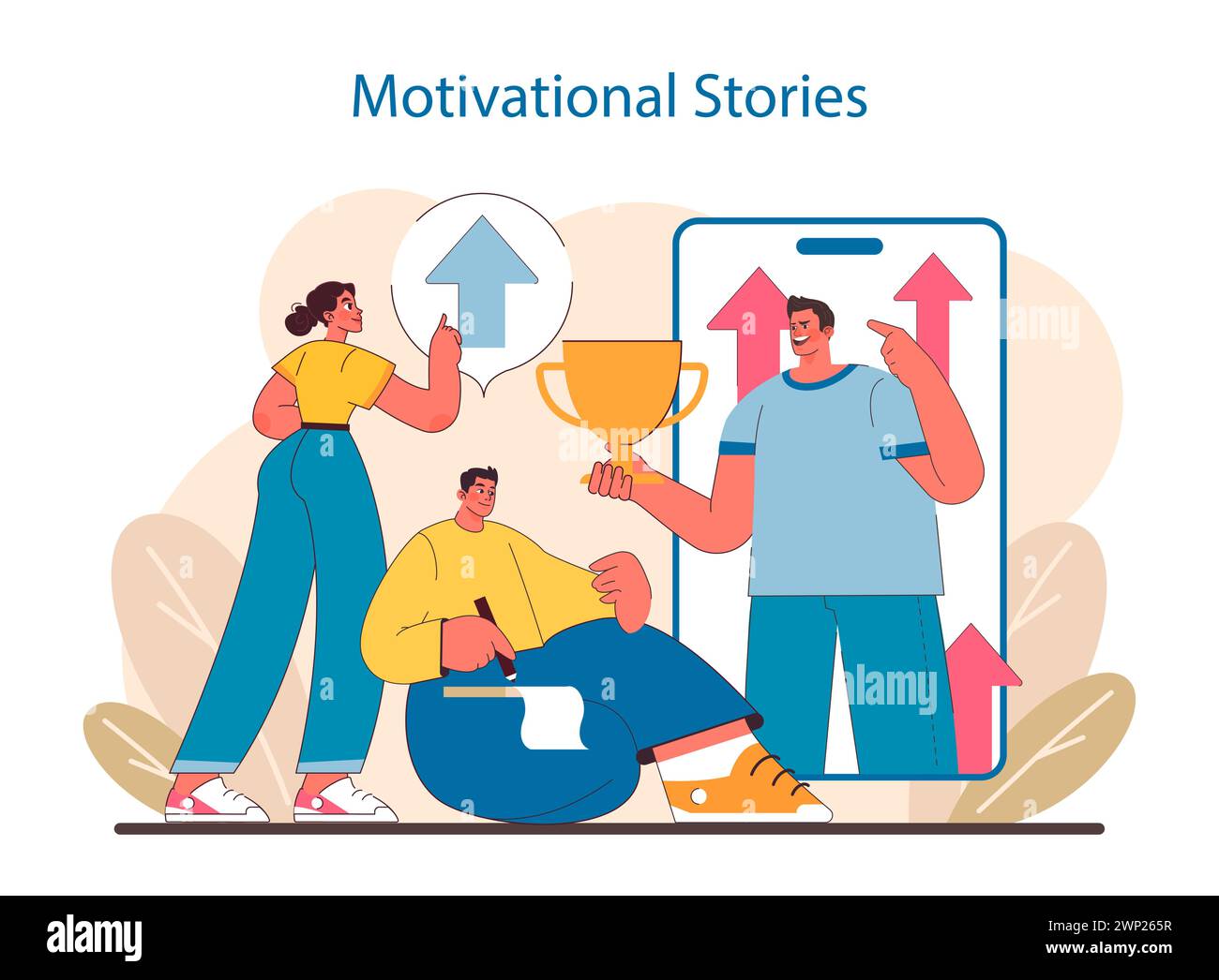 Il concetto di empowerment attraverso storie. Illustrazione di individui che condividono storie di successo, simboleggiano trionfi personali e motivazioni collettive nello spazio digitale. Illustrazione vettoriale piatta. Illustrazione Vettoriale