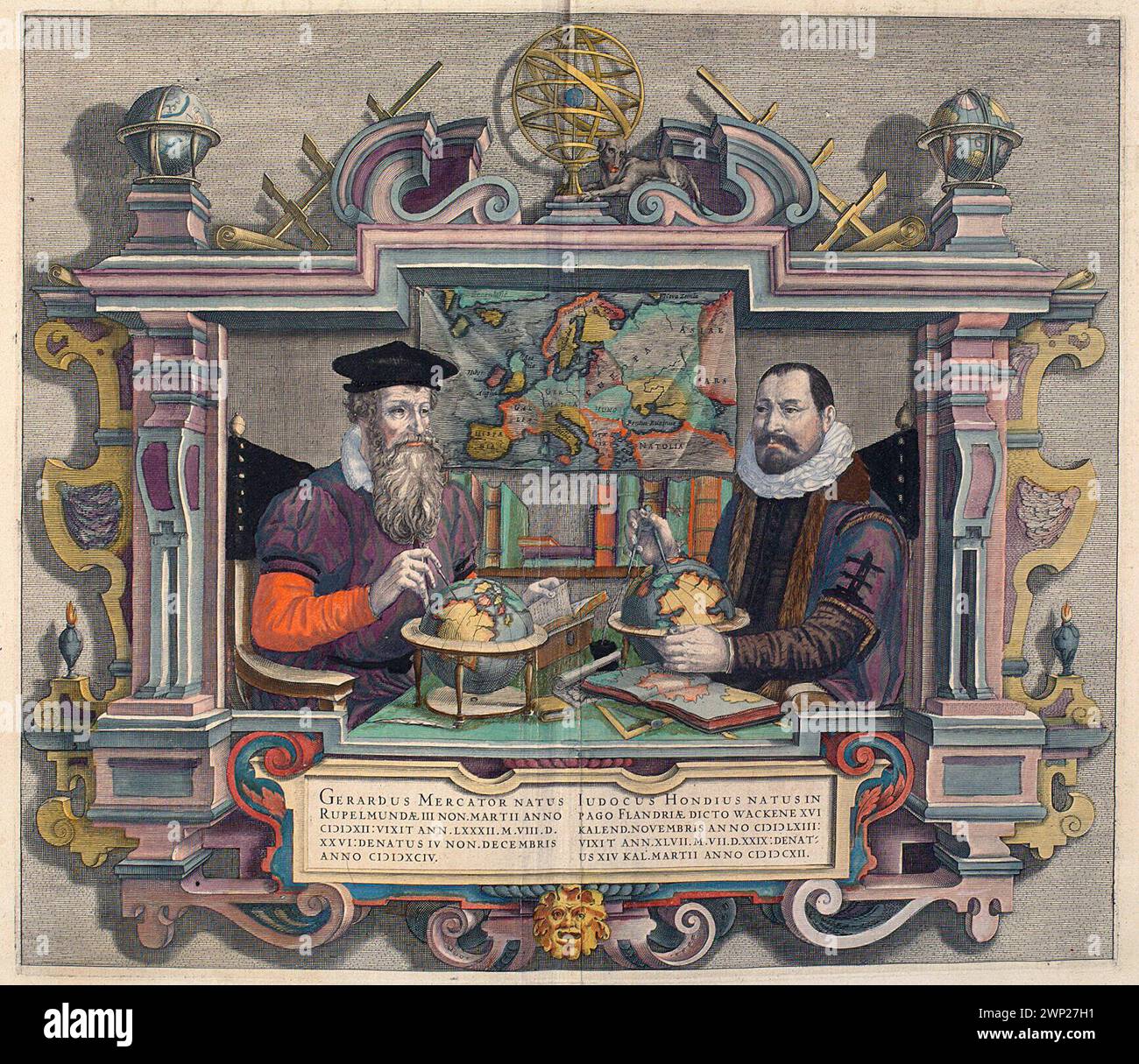 Doppio ritratto dei cartografi Gerard Mercator e Jodocus Hondius st. [In:] l'ATLAS OU Méditations Cosmographiques de la Fabrique du Monde ...; Hondius, Coletta, Hondius, Jodocus; Dziedzice (1613-); 1613 (1613-00-00-1613-00-00);Gerard (1512-1594), Gerard (1512-1594) - iconografia, Hondius, Jodocus (1563-1612 - st.), Jodocus (1563-1612 - st.) - iconografia, mercator, globi, strumenti scientifici, cartografia, cartografi , ritratti maschili, doppi ritratti, cani Foto Stock