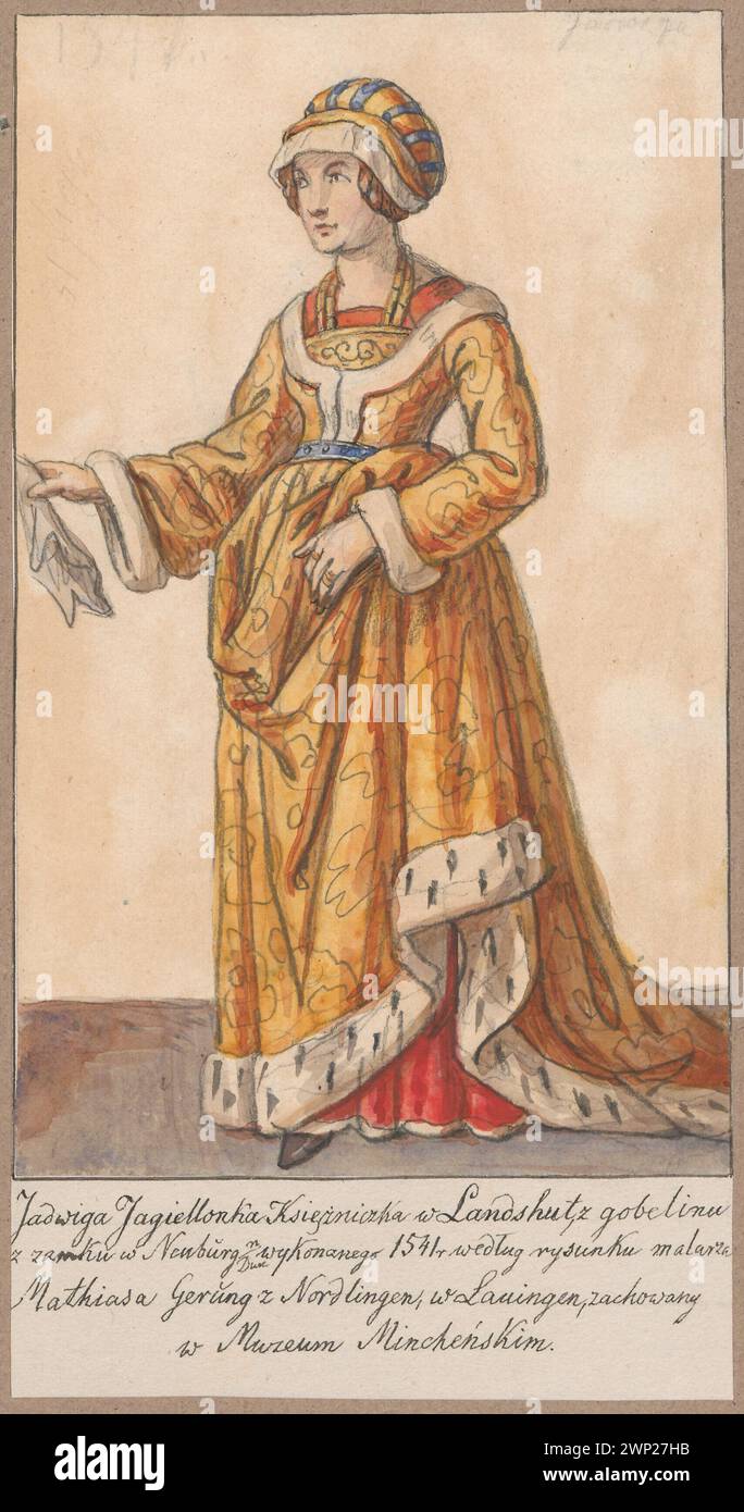 Illustrazione del libro di Jadwiga Jagiellonka del 1541 arazzo del castello di Neuburg, basato sul disegno di Mathias Gerüng, dipinto da Aleksander Lesser (1814-1884), che rappresenta l'iconografia reale europea, nella collezione del Museo di Monaco, provenienza documentata. Foto Stock