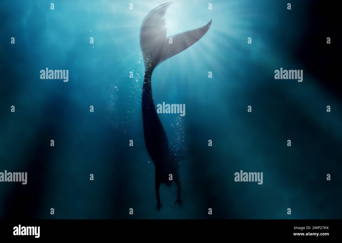 Sirena, acqua e mare con silhouette sott'acqua per acqua, pesce o magia per mito, dea e surreale. Mistica, nuoto e fantasia per le fiabe Foto Stock