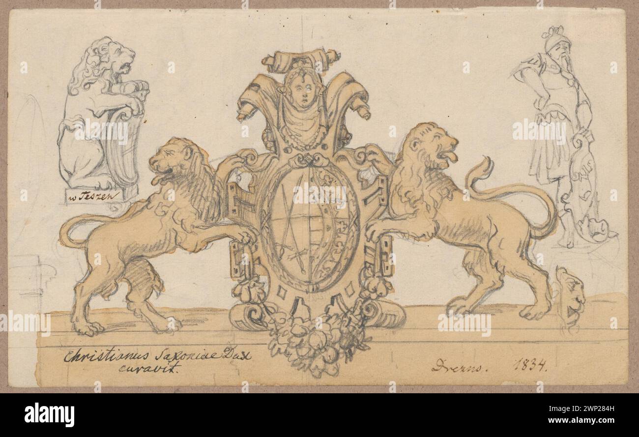 Dresda. Dettagli architettonici: Un cartiglio arcade di due leoni e uno schizzo del leone e del carattere del marito; verso: Schizzi di linee; minore, Aleksander (1814-1884); 1834 (1834-00-00-1834-00-00-00-00); Dresda (Germania), minore, Aleksander (1814-1884), Lesser, Aleksander (1814-1884) - collezioni, Lesser, Emiljan Stanisław (Barone - 1847-1912), Lesser, Emiljan Stanisław (Barone - 1847-1912) - collezione , Lesser, Wiktor Stanisław Zygmunt (Barone - 1853-1935), Lesser, Wiktor Stanisław Zygmunt (Barone - 1853-1935) - collezione, regalo (provenienza), dettagli, dettagli, dettagli architettonici, cartilli c Foto Stock