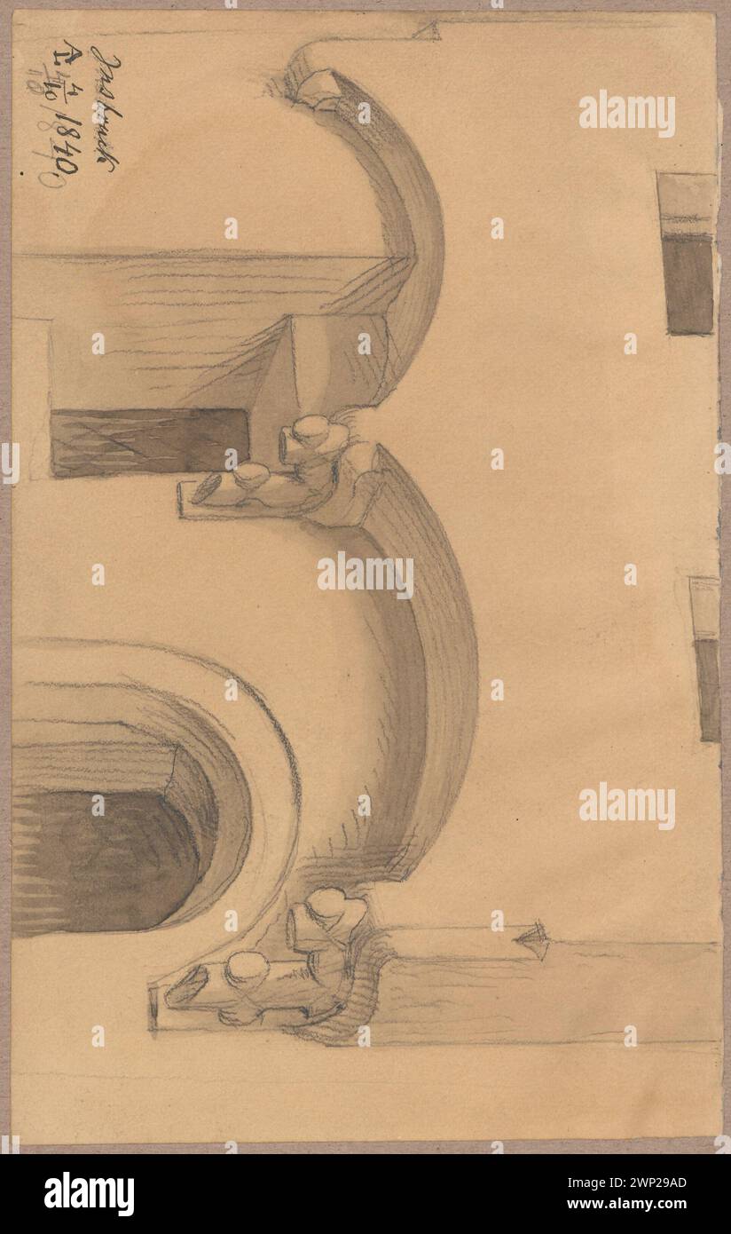 Innsbruck (Austria). Frammento di un edificio con una finestra, un portale e una finestra a golfo su staffe; Lesser, Aleksander (1814-1884); 1840 (1840-00-00-1840-00-00); Innsbruck (Austria), Lesser, Aleksander (1814-1884), Lesser, Aleksander (1814-1884) - collezioni, Lesser, Emiljan Stanisław (Barone - 1847-1912), Lesser, Emiljan Stanisław (Barone - 1847-1912) - collezione , Lesser, Wiktor Stanisław Zygmunt (Barone - 1853-1935), Lesser, Wiktor Stanisław Zygmunt (Barone - 1853-1935) - collezione, architettura austriaca, architettura straniera, dono (provenienza) dettagli, dettagli architettonici, case, Foto Stock