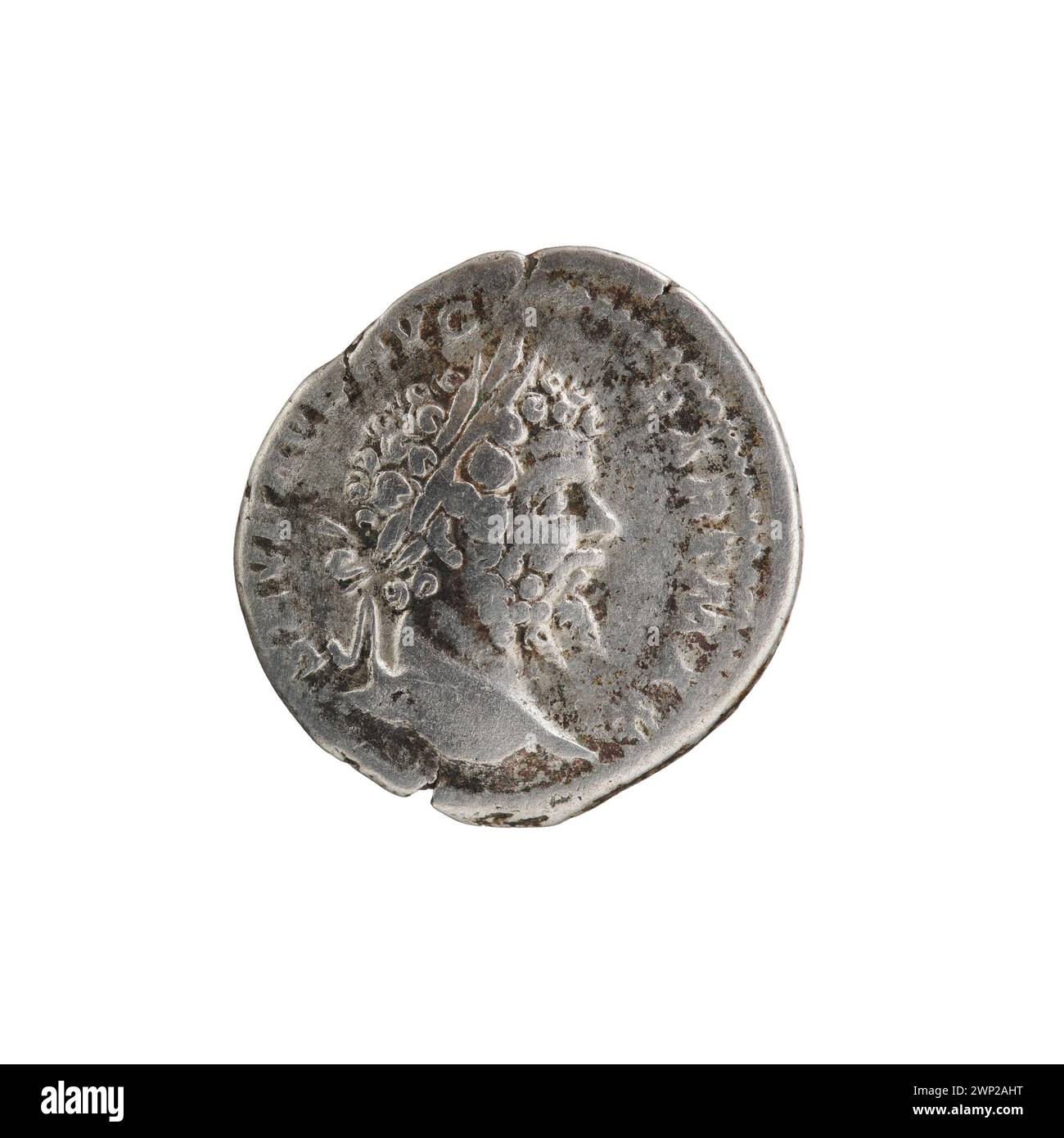 Il denario romano emise il 200-201 d.C., illustrando le caratteristiche numismatiche della moneta imperiale dell'inizio del III secolo e della moneta d'argento. Foto Stock