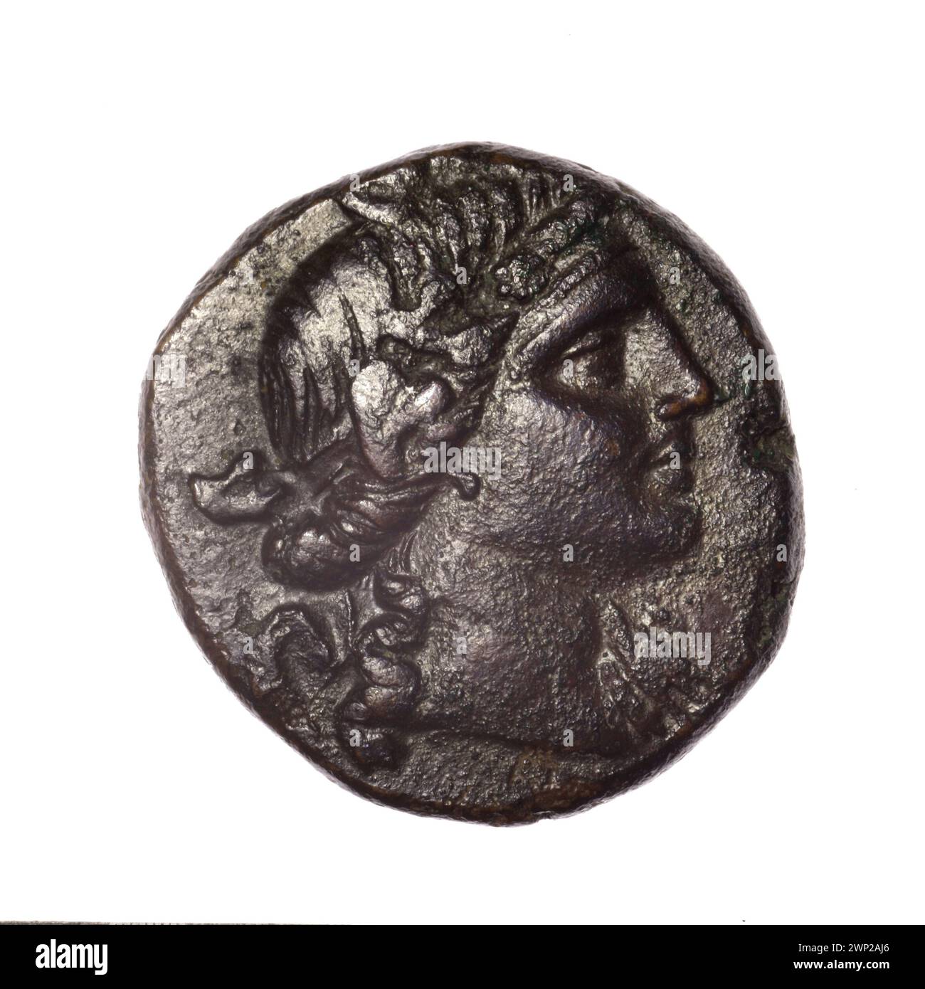 Moneta marrone di Pantikapaion, II-i secolo a.C., raffigurante Dioniso, armi tra cui archi e gorytos, e monogrammi; parte della collezione di Ignacy Terlecki con provenienza documentata. Foto Stock