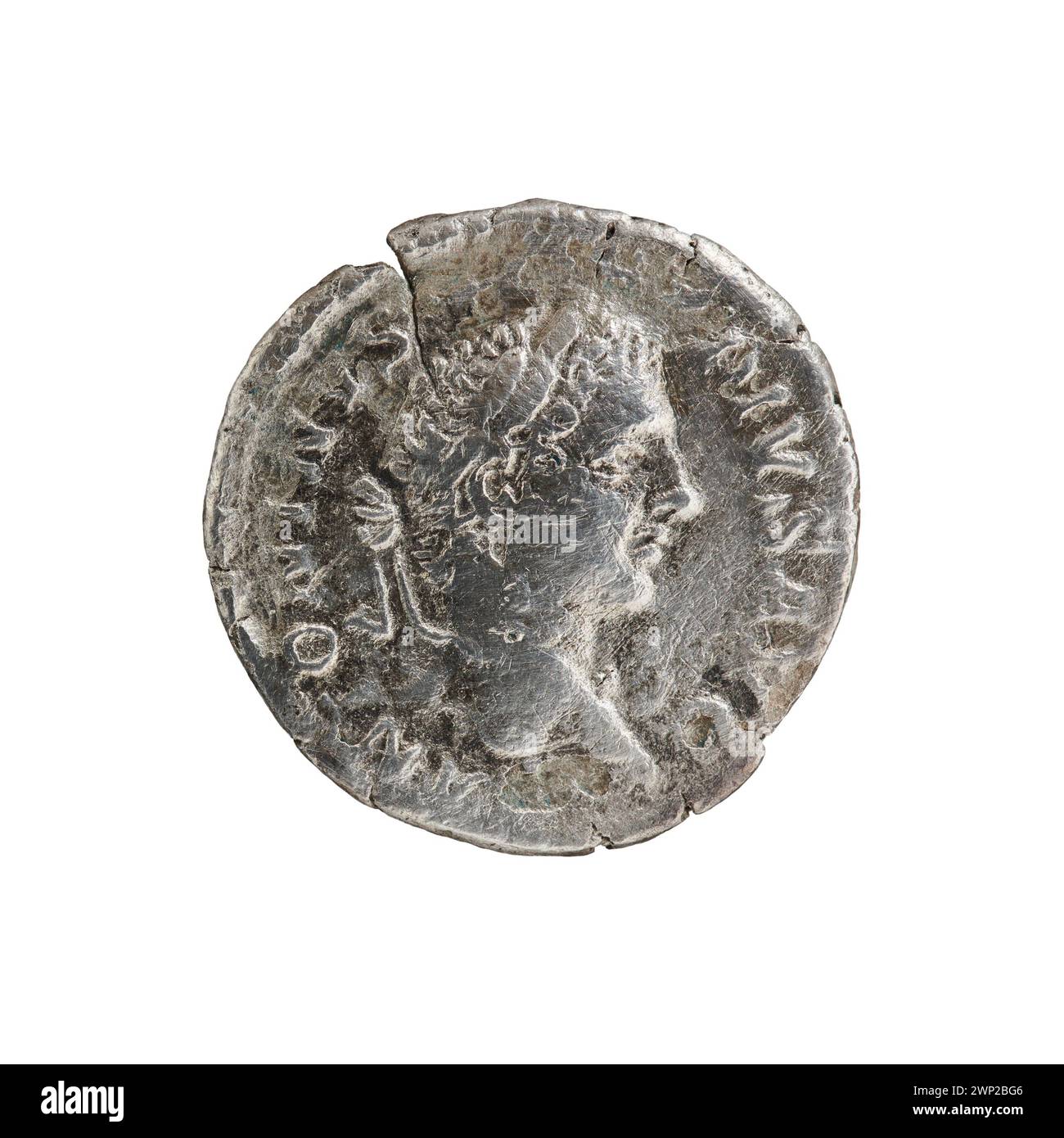 Denario emesso nel 206-210 sotto Caracalla, moneta romana d'argento con iscrizioni imperiali standard e iconografia utilizzata per il commercio. Foto Stock