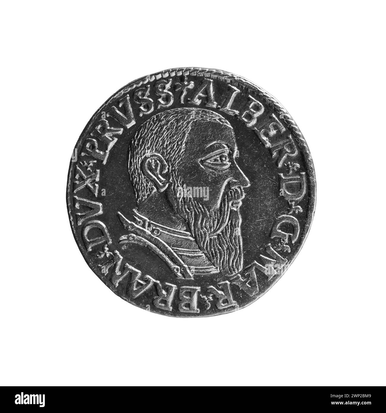 Una moneta trojak polacca del 1542 di Decjusz e Straub, che mostra ritratti reali e iscrizioni d'epoca. Foto Stock