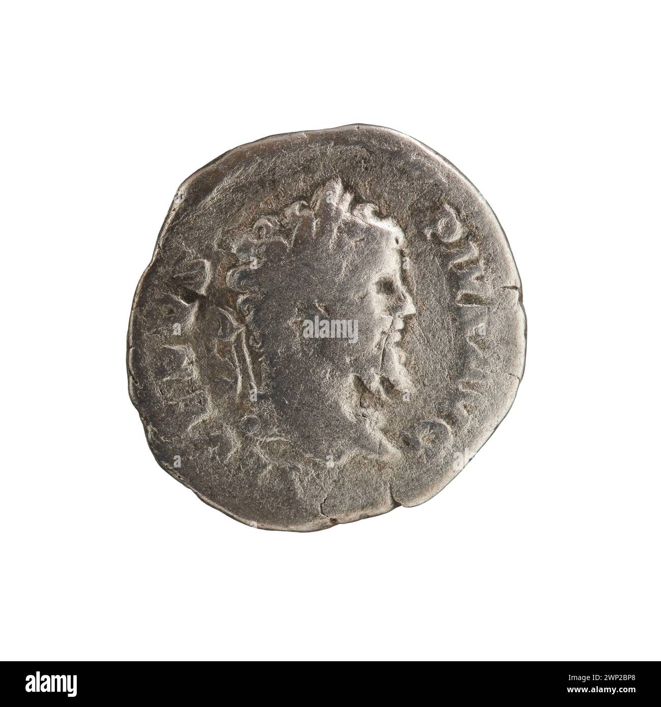 Moneta denarius emessa nel 205 d.C. che rappresenta la moneta imperiale romana e le caratteristiche numismatiche d'argento dei primi anni del III secolo. Foto Stock