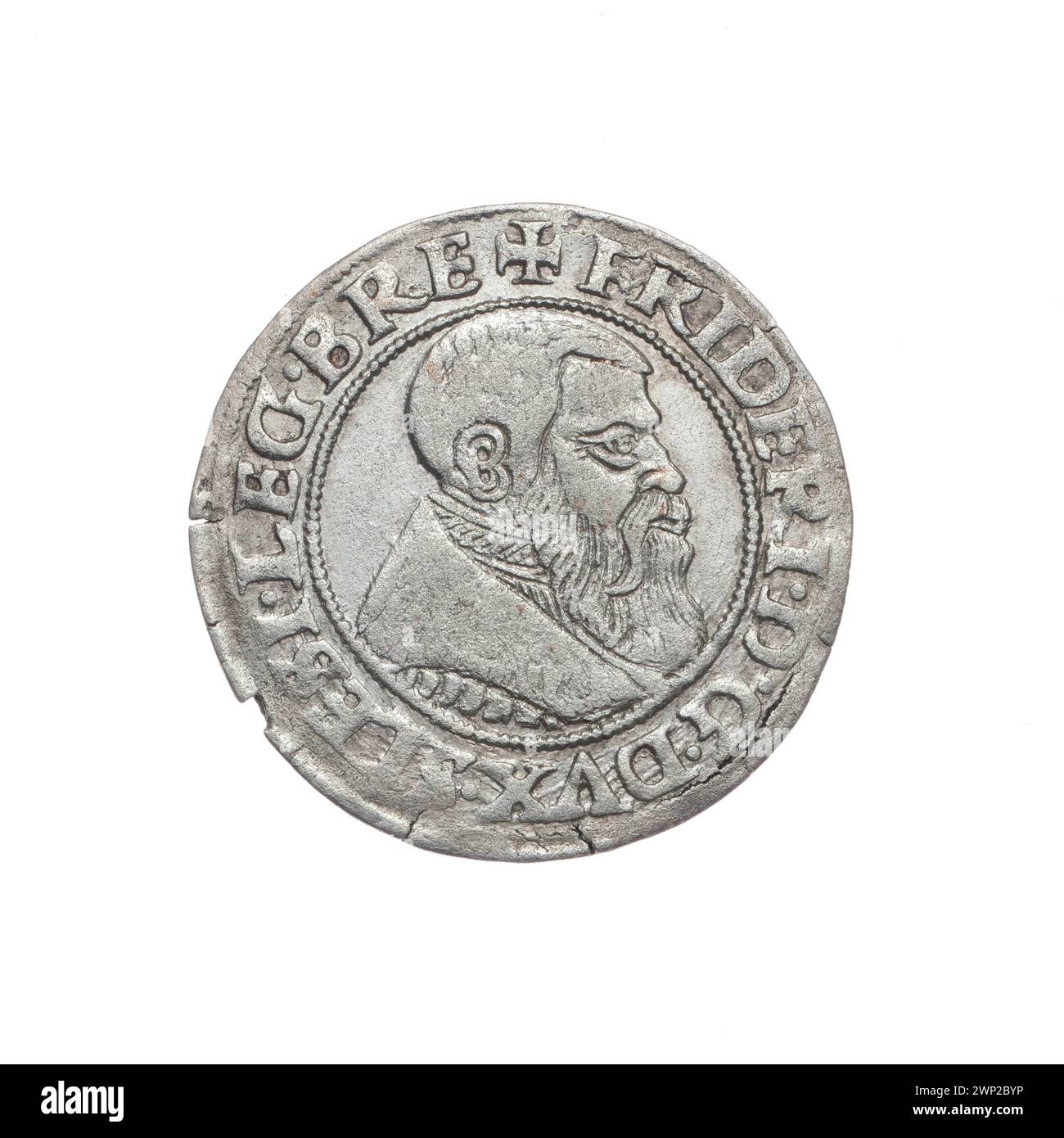 Il penny del 1542 presenta Fryderyk II, Principe di Brzeg-Legnica, che mostra un busto rivolto a destra e l'iconografia dell'aquila della Slesia, parte delle collezioni della dinastia Piast. Foto Stock