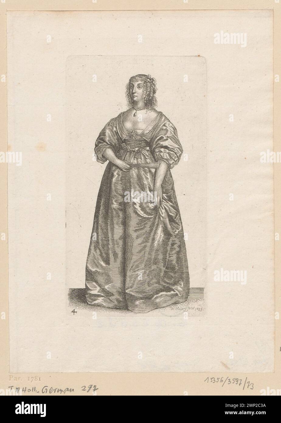 Raffigura una donna inglese del XVII secolo che tiene in mano un ventilatore, girata leggermente a sinistra, illustrata da Wenceslaus Hollar nel 1639, conservata nella collezione Rehdigeran e nel Schlesisches Museum der Bildenden Künste, Wrocław. Foto Stock