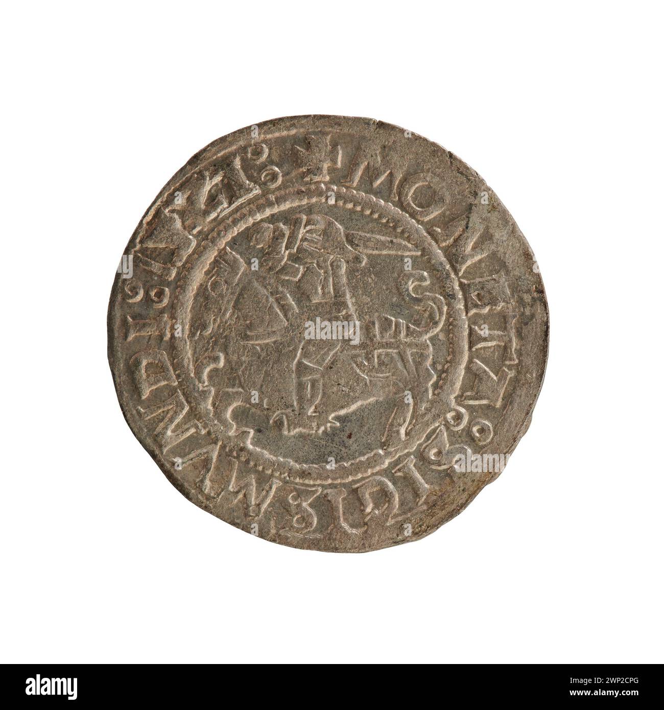Moneta di Half-grosz lituana del 1521, emessa durante il regno di re Zygmunt i Stary di Polonia. Coniata a Vilnius, questa moneta d'argento pesa circa 1,27 grammi. Una rara variante presenta la scritta "LITVANDIE" invece di "LITVAN". Foto Stock Moneta di Half-grosz lituana del 1521, emessa durante il regno di re Zygmunt i Stary di Polonia. Coniata a Vilnius, questa moneta d'argento pesa circa 1,27 grammi. Una rara variante presenta la scritta "LITVANDIE" invece di "LITVAN". Foto Stock