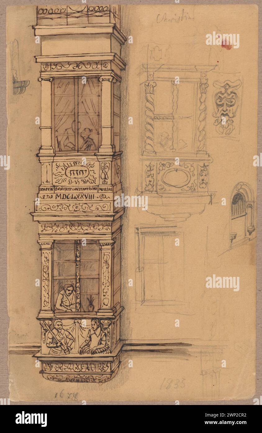 Dettagli architettonici e due disegni della casa tedesca; Lesser, Aleksander (1814-1884); 1836-1884 (1836-00-00-1884-00-00-00);Bamberga (Germania), Lesser, Aleksander (1814-1884), Lesser, Aleksander (1814-1884) - collezioni, Lesser, Emiljan Stanisław (Barone - 1847-1912), Lesser, Emiljan Stanisław (Barone - 1847-1912) - collezione , Lesser, Wiktor Stanisław Zygmunt (Barone - 1853-1935), Lesser, Wiktor Stanisław Zygmunt (Barone - 1853-1935) - collezione, Germania, architettura, architettura in mattoni, architettura straniera, regalo (provenienza), dettagli, dettagli architettonici, schizzi, baayout Foto Stock