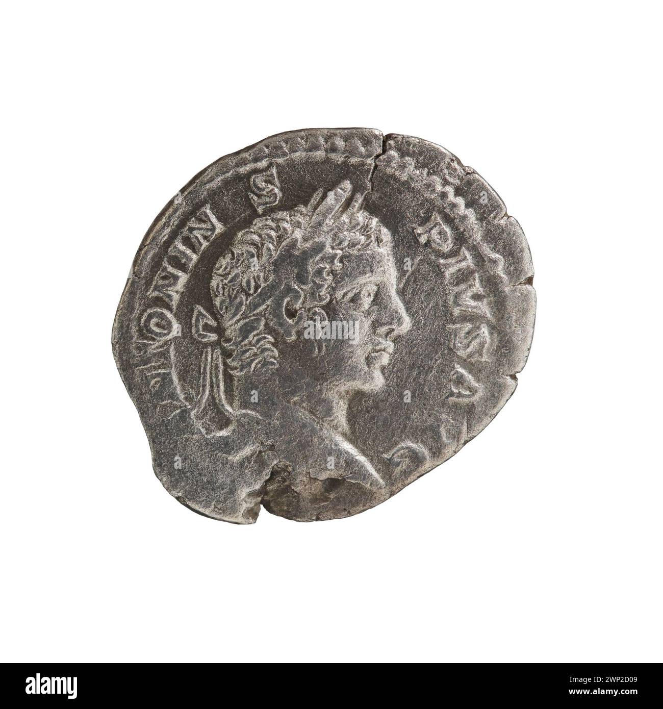 Denario d'argento del 206-210 sotto Caracalla, con ritratto imperiale e iscrizioni, parte della circolazione monetaria romana. Foto Stock