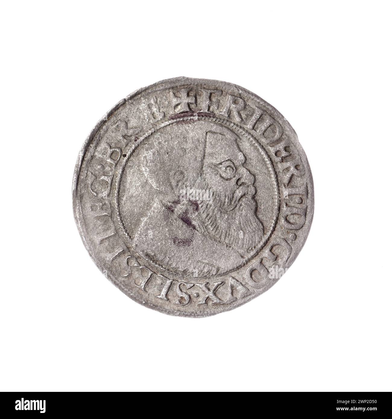 Questa moneta del 1542 mostra Fryderyk II, principe di Brzeg-Legnica, con un busto rivolto a destra e un'aquila slesiana, dalla collezione Piast di Andrzej Potocki di ritratti dei sovrani. Foto Stock