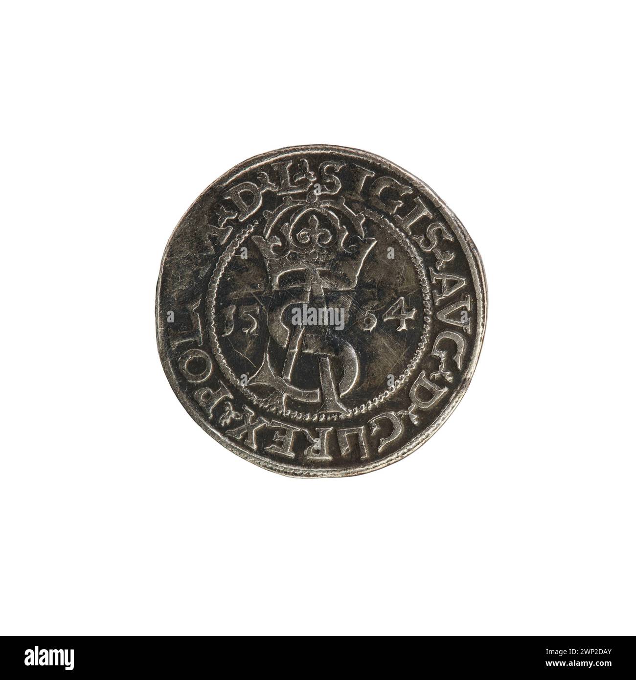 Moneta nota come Trojak lituano dal 1564, emessa da Gabriel Tarło durante il regno di re Zygmunt II August, che riflette le caratteristiche storiche della coniazione e del design. Foto Stock