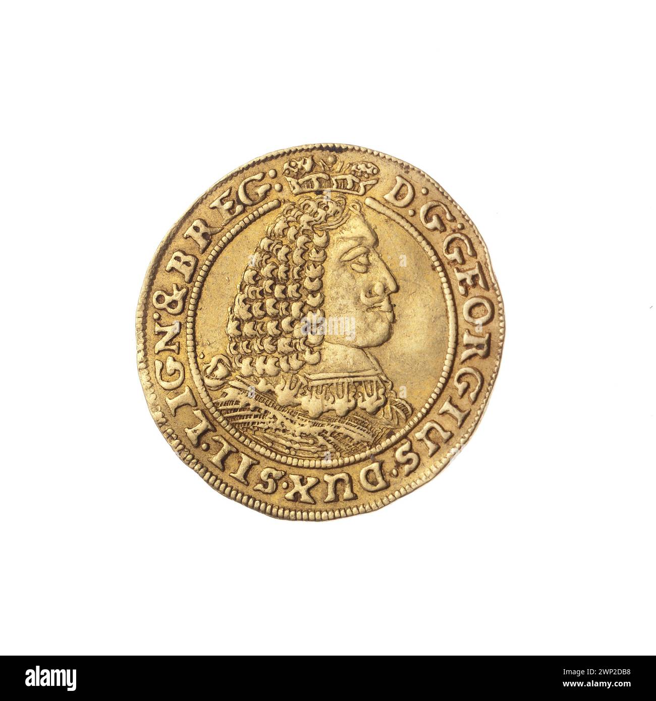 Il ducato del 1660 raffigura Jerzy III, Principe di Brest e Legnica, mostrando il suo busto in armatura con stemma, vista semi-profilo e documentazione di provenienza, che rappresenta l'iconografia della famiglia Piast e l'araldica del Ducato di Legnica-Brzeg. Foto Stock