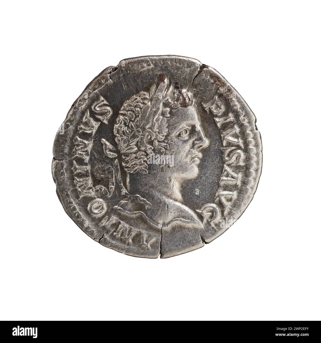 Denario coniato tra il 206 e il 210 sotto Caracalla, monete d'argento con immagini imperiali e iscrizioni, circolarono nell'Impero Romano. Foto Stock