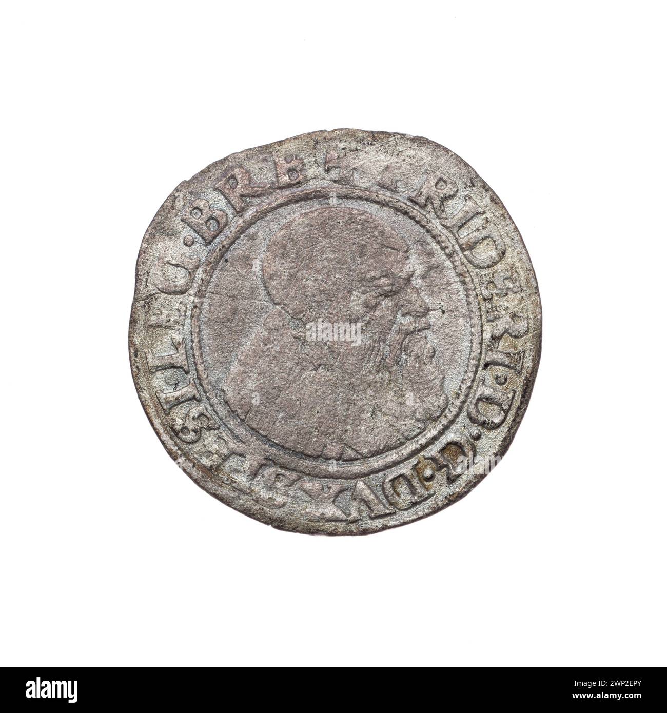 Il penny del 1542 mostra Fryderyk II, principe di Brzeg-Legnica, con un busto rivolto a destra e l'emblema dell'aquila della Slesia, parte delle collezioni della dinastia Piast. Foto Stock