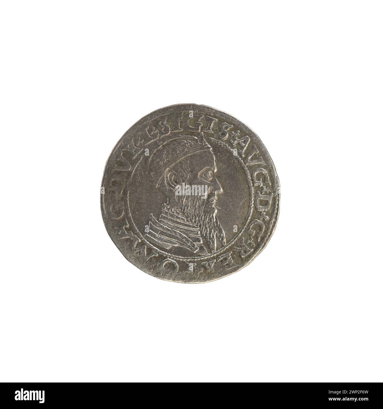 Moneta del 1565 che mostra i quattro lituani emessi da re Zygmunt II August, con disegni araldici, iscrizioni e dettagli metallici che rappresentano la Confederazione polacco-lituana. Foto Stock