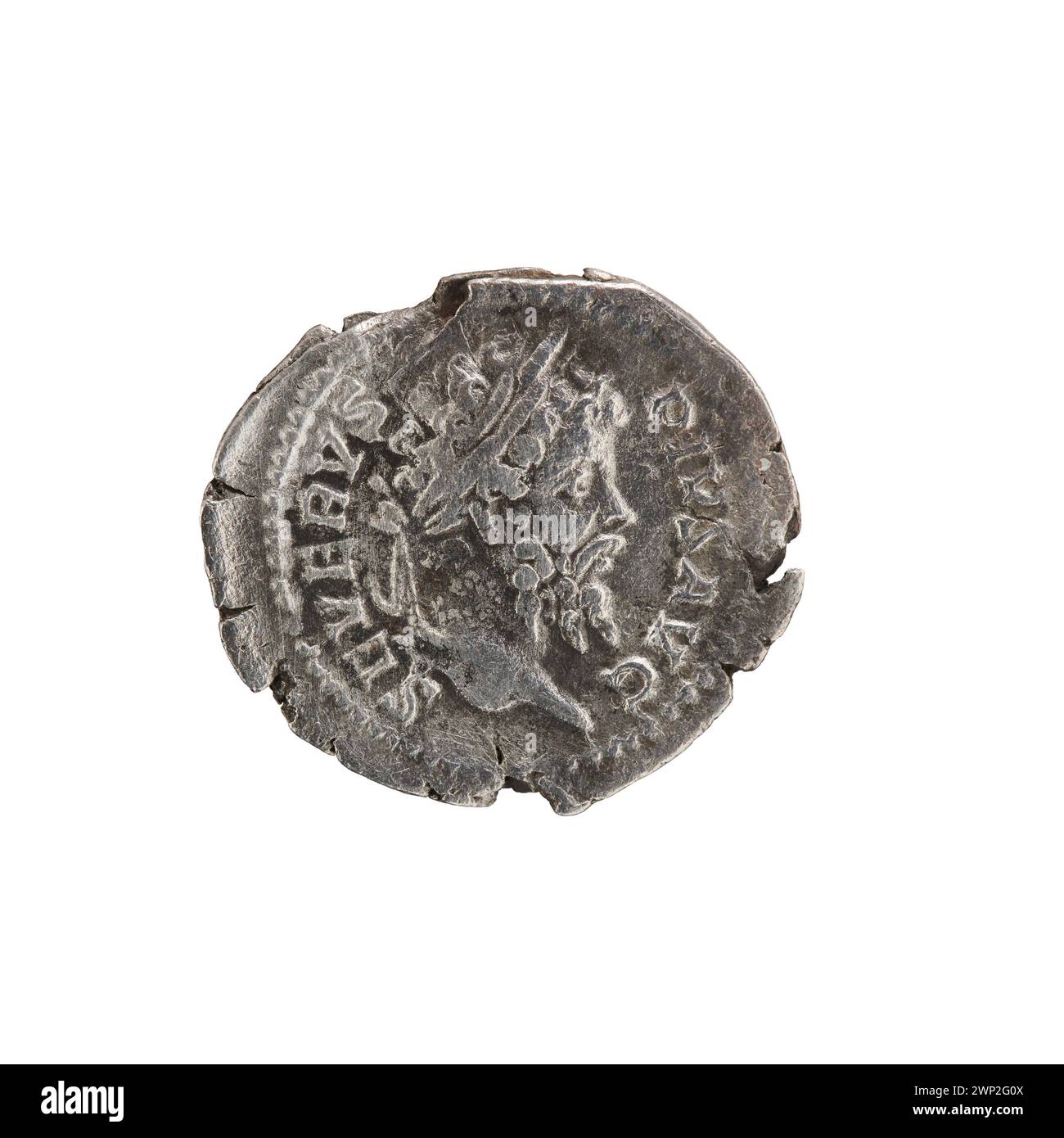 Una moneta di denario romano del 201-210 con ritratti e iscrizioni imperiali, che illustrano le caratteristiche delle monete d'argento romane dei primi anni del III secolo. Foto Stock